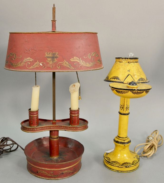 Appraisal: Two tole lamps including a double candlestick bouillotte red painted