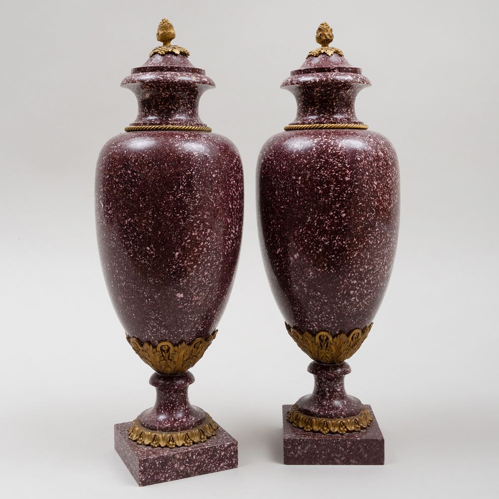 Appraisal: Pair of Swedish Gilt-Bronze Mounted Porphyry Urns x in diam