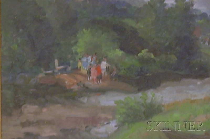 Appraisal: Framed American School Oil on Canvas Landscape with Figures on