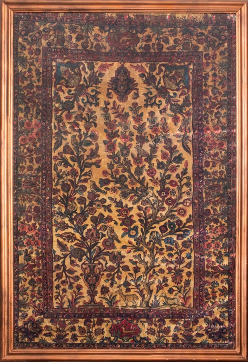 Appraisal: PERSIAN KASHAN ANTIQUE SILK PICTORIAL RUG FRAMED Persian Kashan antique