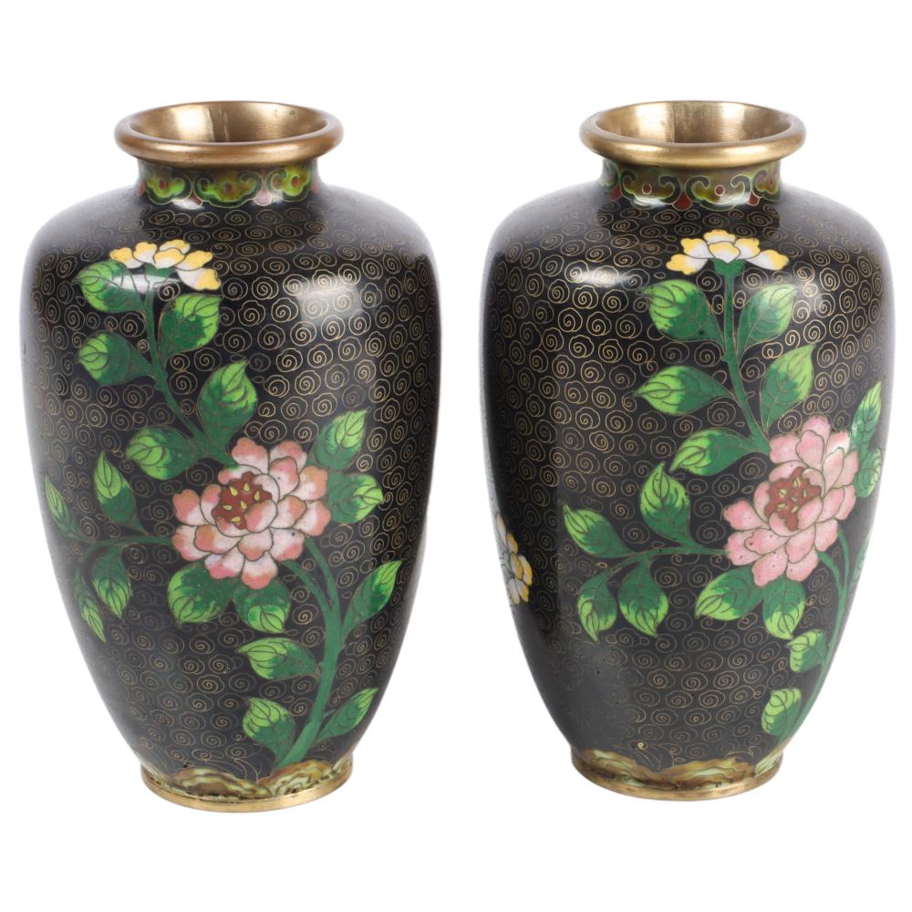 Appraisal: PAIR CHINESE BLACK GROUND CLOISONNE VASES WITH FLOWER MOTIF ON