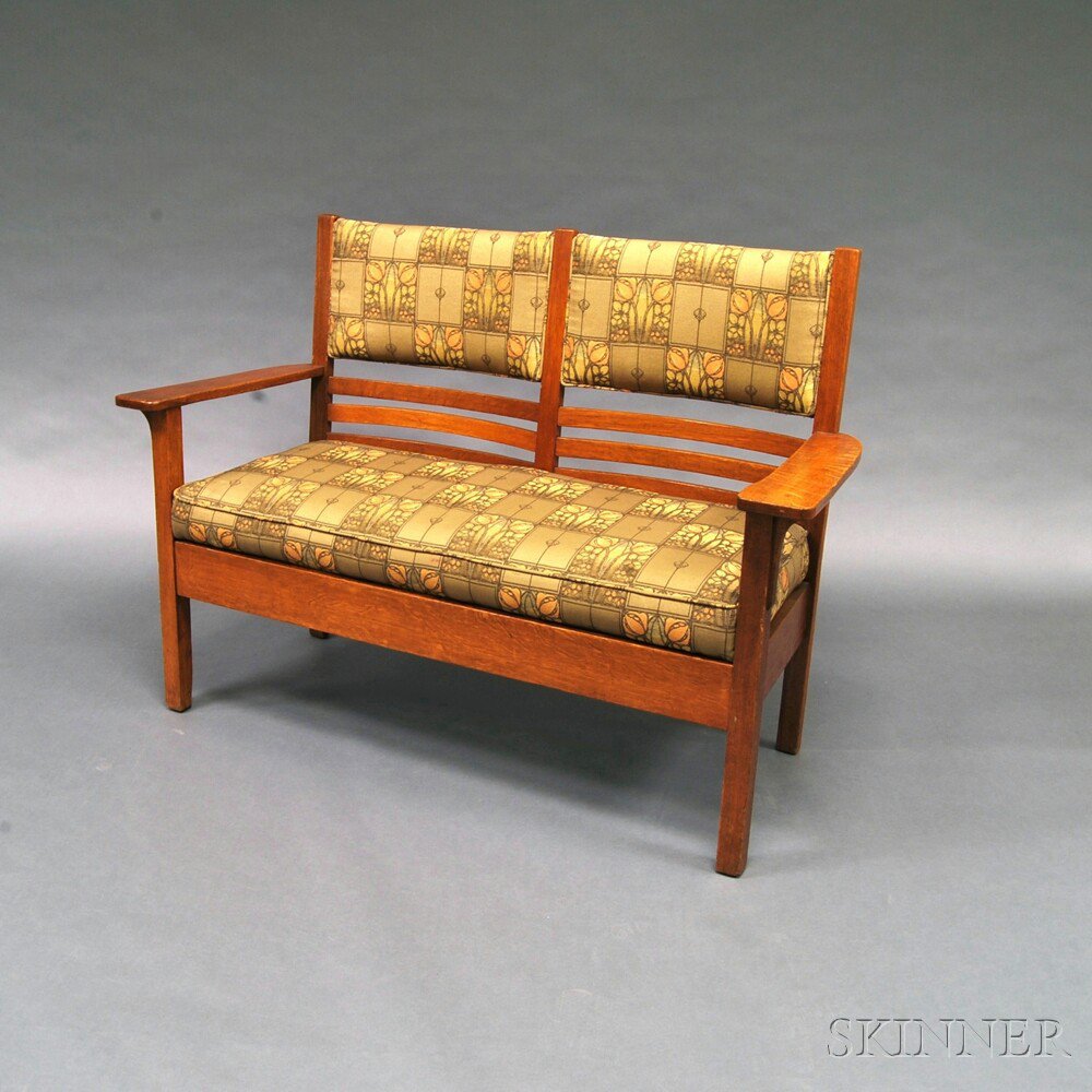 Appraisal: Arts Crafts Oak Drop-arm Settle the settle with a floral-upholstered