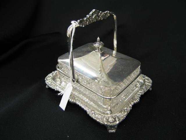 Appraisal: English Silverplate Crystal Sardine Box swing handled fancy border footed