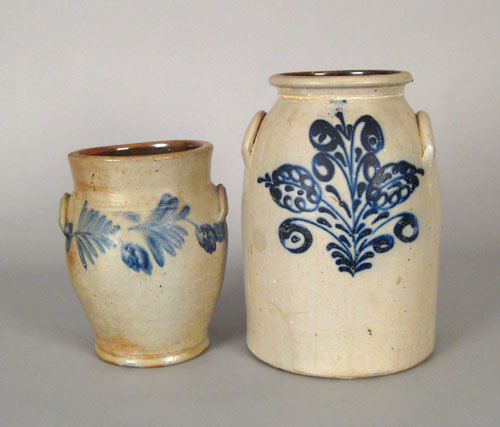 Appraisal: Two stoneware crocks th c with cobalt floral decoration h