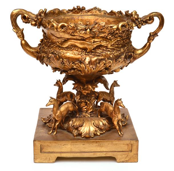 Appraisal: GILTWOOD URN-SHAPED CENTREPIECE ON PLATFORM BASE MOUNTED WITH HORSES