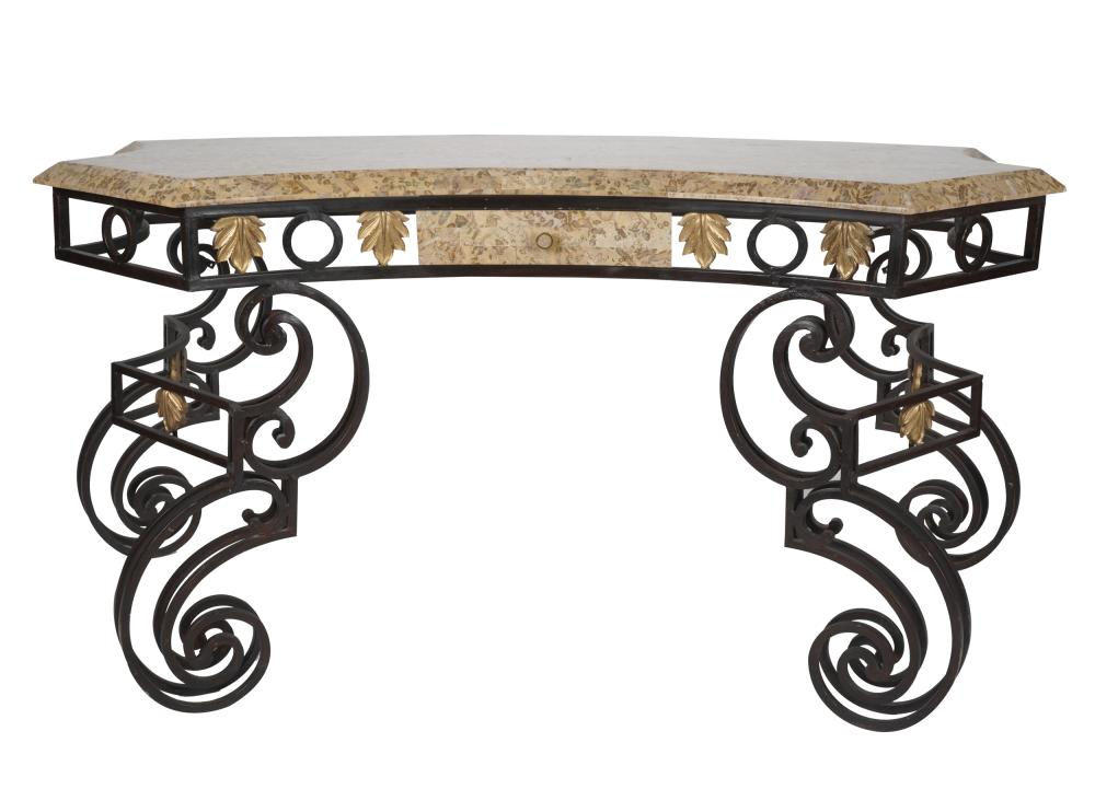 Appraisal: IRON FAUX MARBLE CONSOLE TABLEmodern with gilt accents inches wide