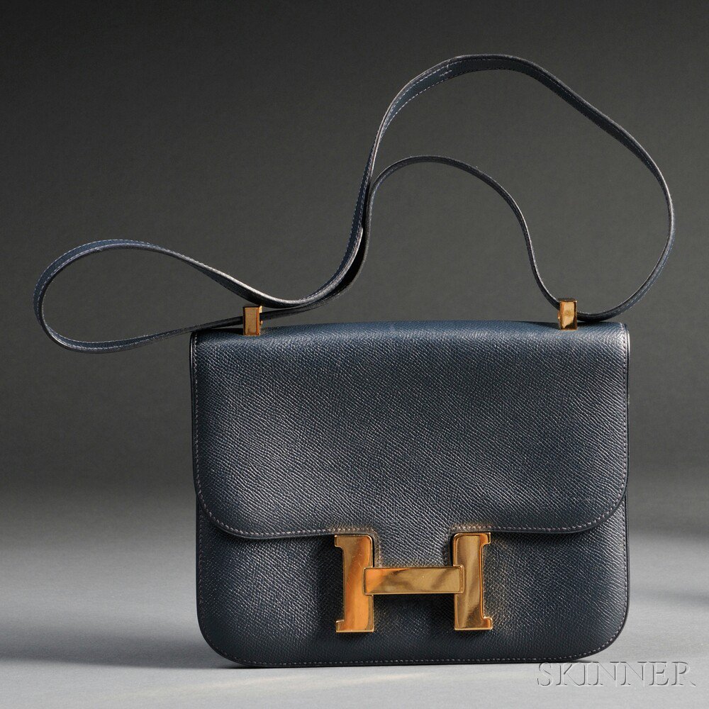 Appraisal: Lady's Navy Blue Leather Constance Handbag Hermes with gold-tone hardware