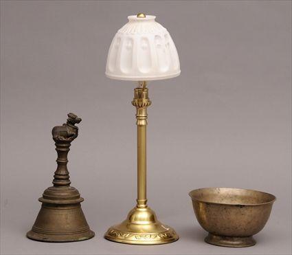 Appraisal: INDIAN BRASS BELL AND BOWL The bell with bull finial