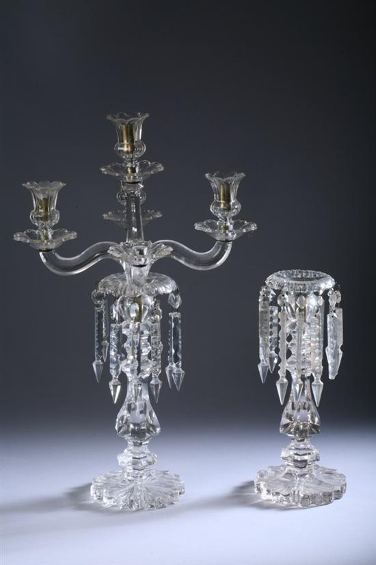 Appraisal: PAIR VICTORIAN CUT-GLASS CANDLESTICKS th century Suspending prisms With five-light