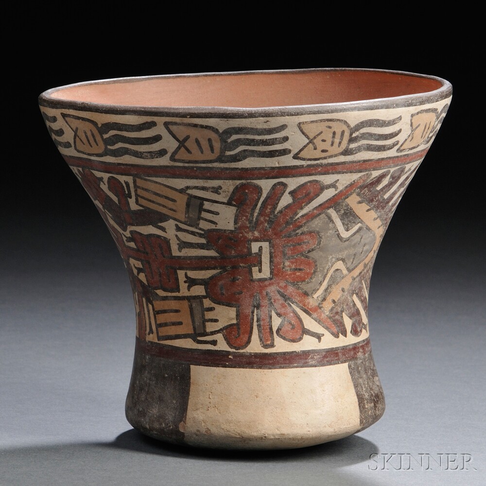 Appraisal: Nasca Polychrome Pottery Beaker painted with an elaborate abstract deity