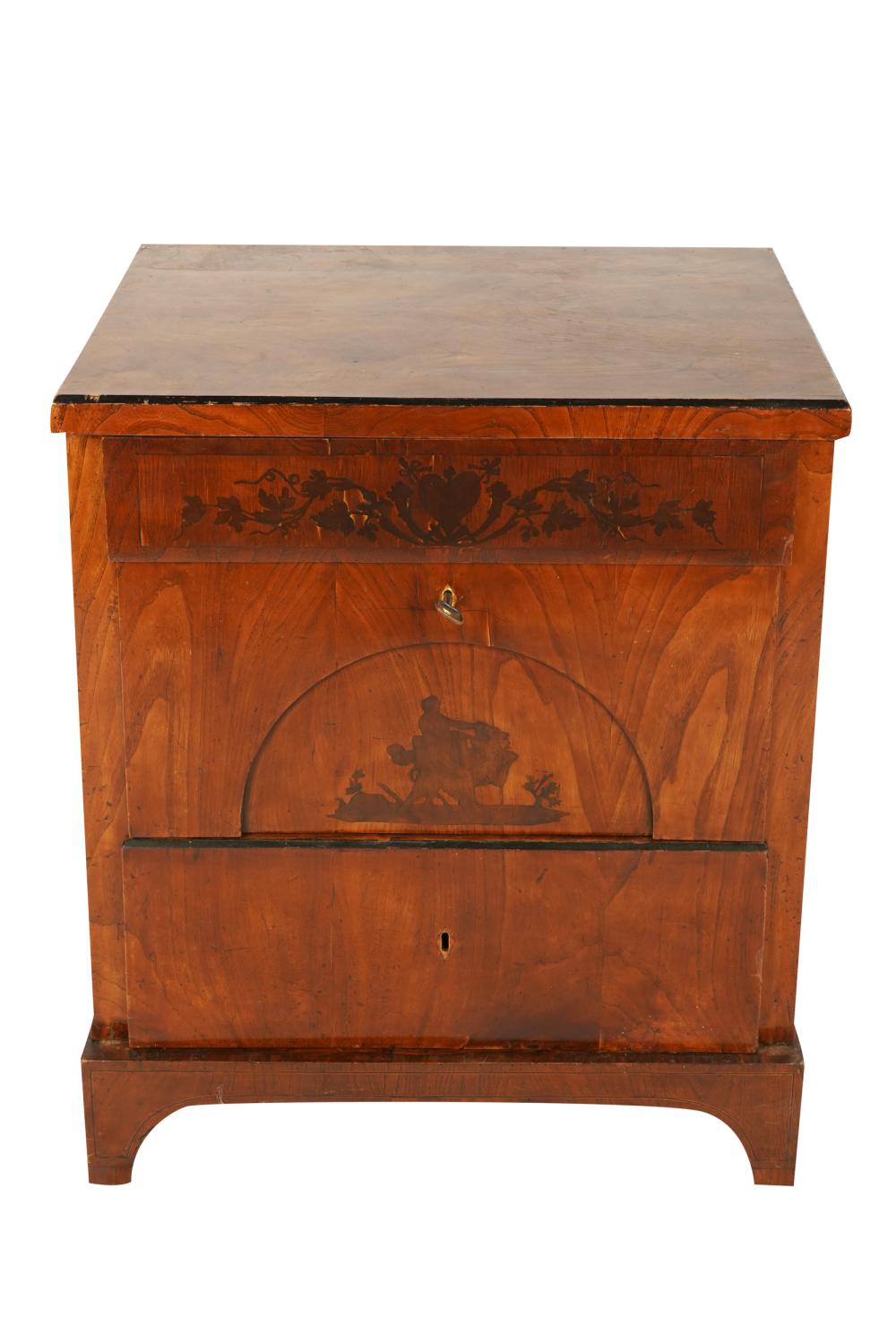 Appraisal: BIEDERMEIER INLAID MAHOGANY COMMODE ON STANDthe marquetry case atop a