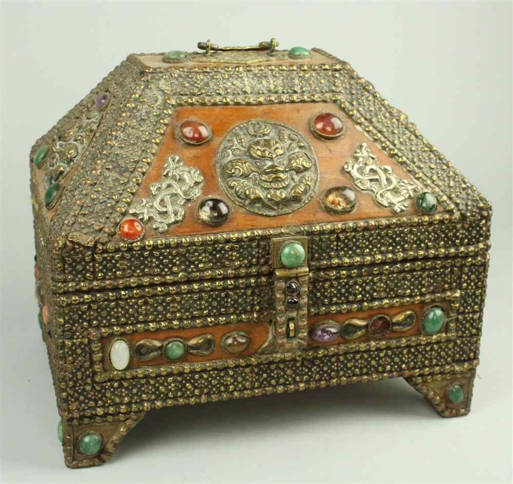 Appraisal: BRASS-MOUNTED AND JEWEL ENCRUSTED WOODEN COFFER with hinged coffered lid