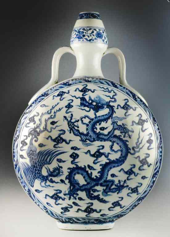 Appraisal: Large Impressive Chinese Blue White MoonflaskFinely painted on both sides