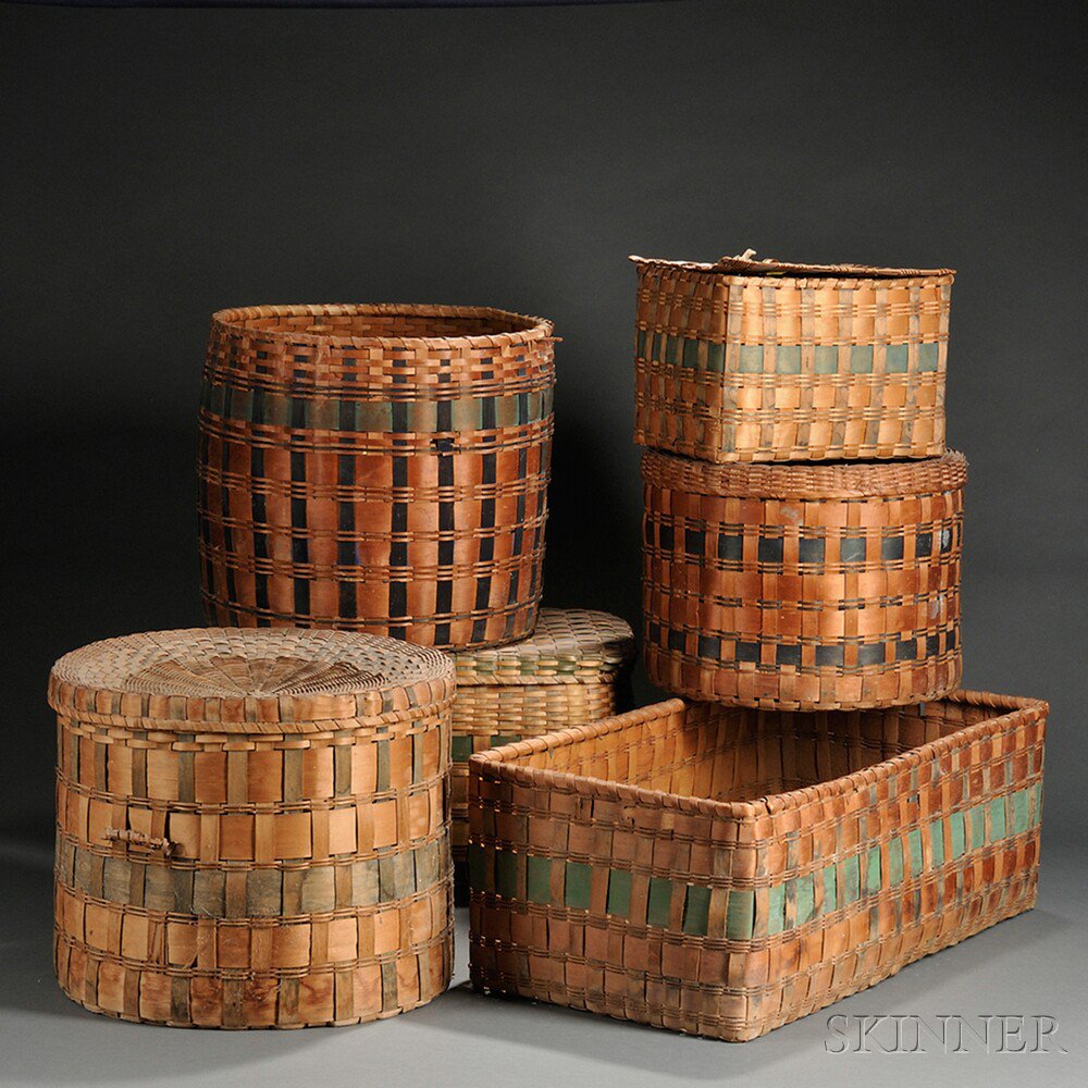 Appraisal: Six Paint-decorated Splint Baskets Eastern Woodland tribes th century consisting