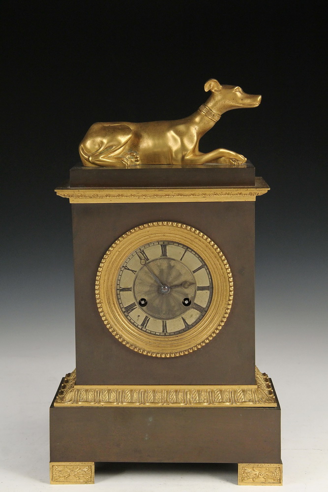 Appraisal: FRENCH MANTEL CLOCK - Regency Clock with gilt bronze Greyhound