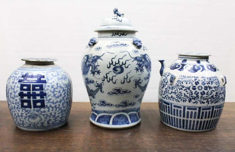 Appraisal: THREE CHINESE BLUE AND WHITE PORCELAIN VESSELS each hand painted