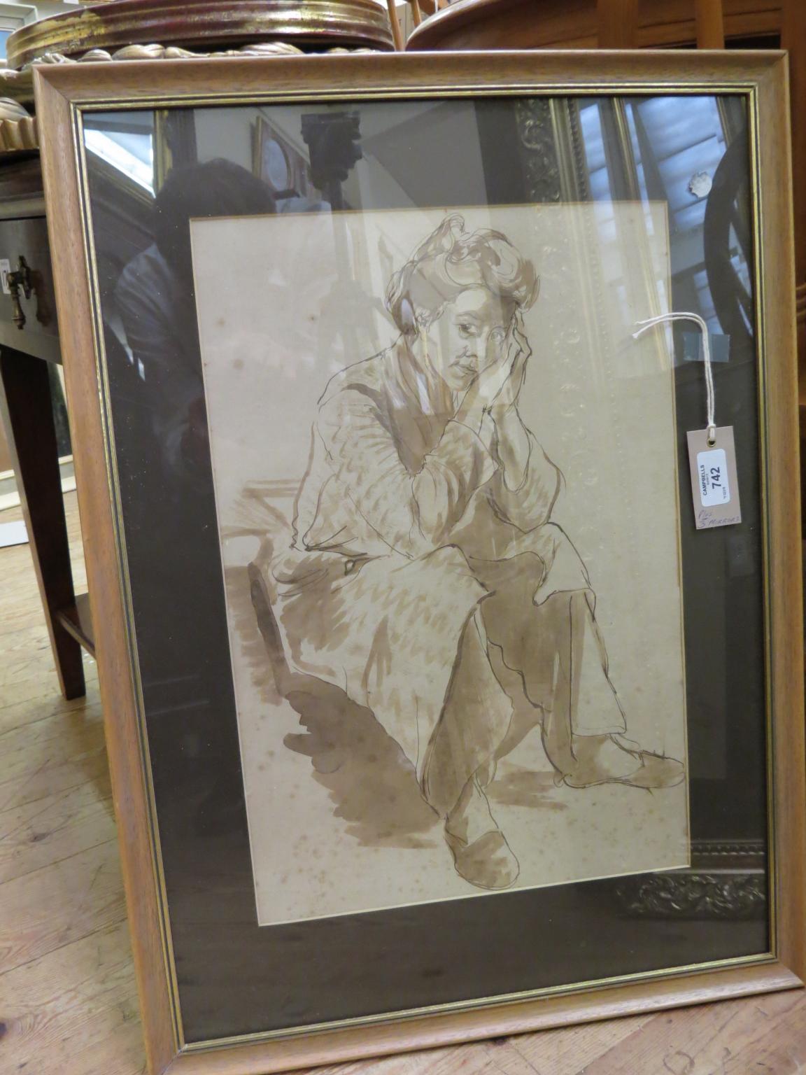 Appraisal: A pen and wash drawing lady seated wearing bath-robes unsigned