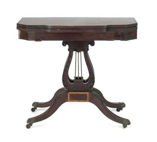 Appraisal: New England Federal mahogany lyre pedestal card table ca h