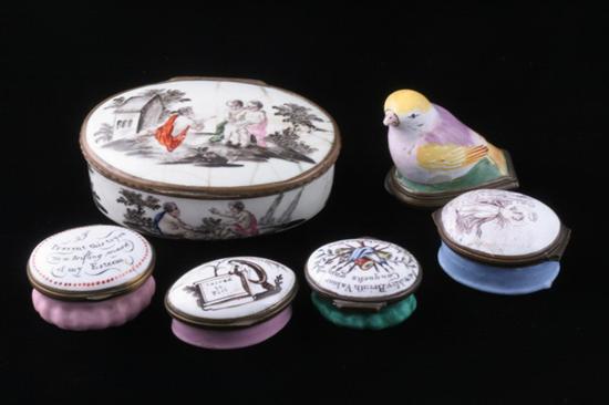 Appraisal: SIX ENAMEL BOXES th century Including Staffordshire Trifle patch box