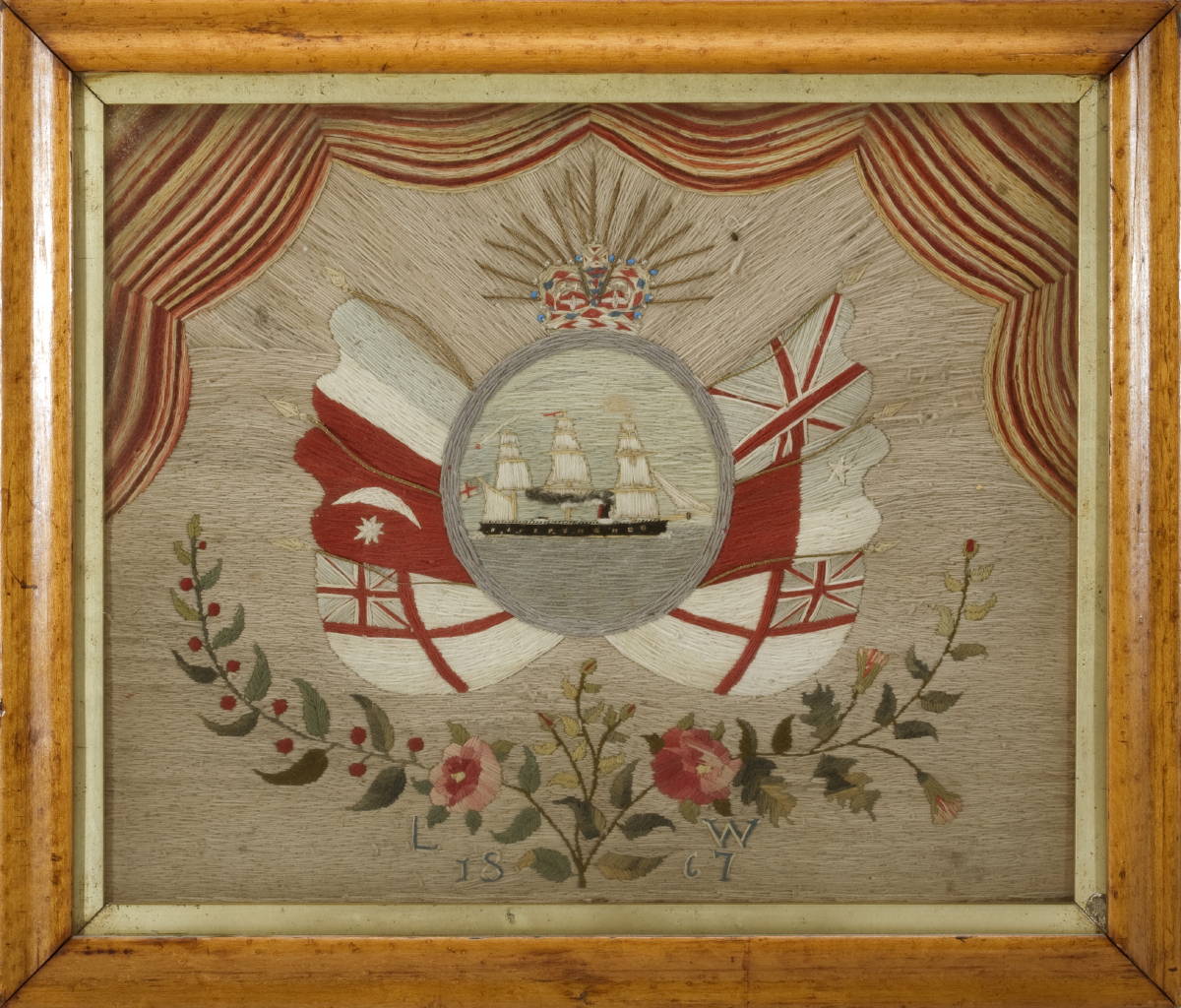 Appraisal: WOOLWORK PICTURE OF A BRITISH SAIL AND STEAM SHIP FLANKED