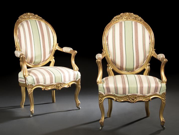 Appraisal: Pair of Louis XV-Style Giltwood Fauteuils early th century each