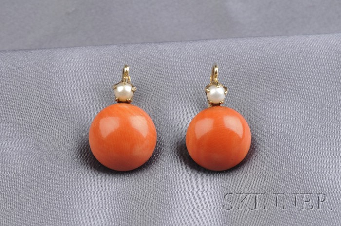 Appraisal: kt Gold Pearl and Coral Earpendants each set with cabochon