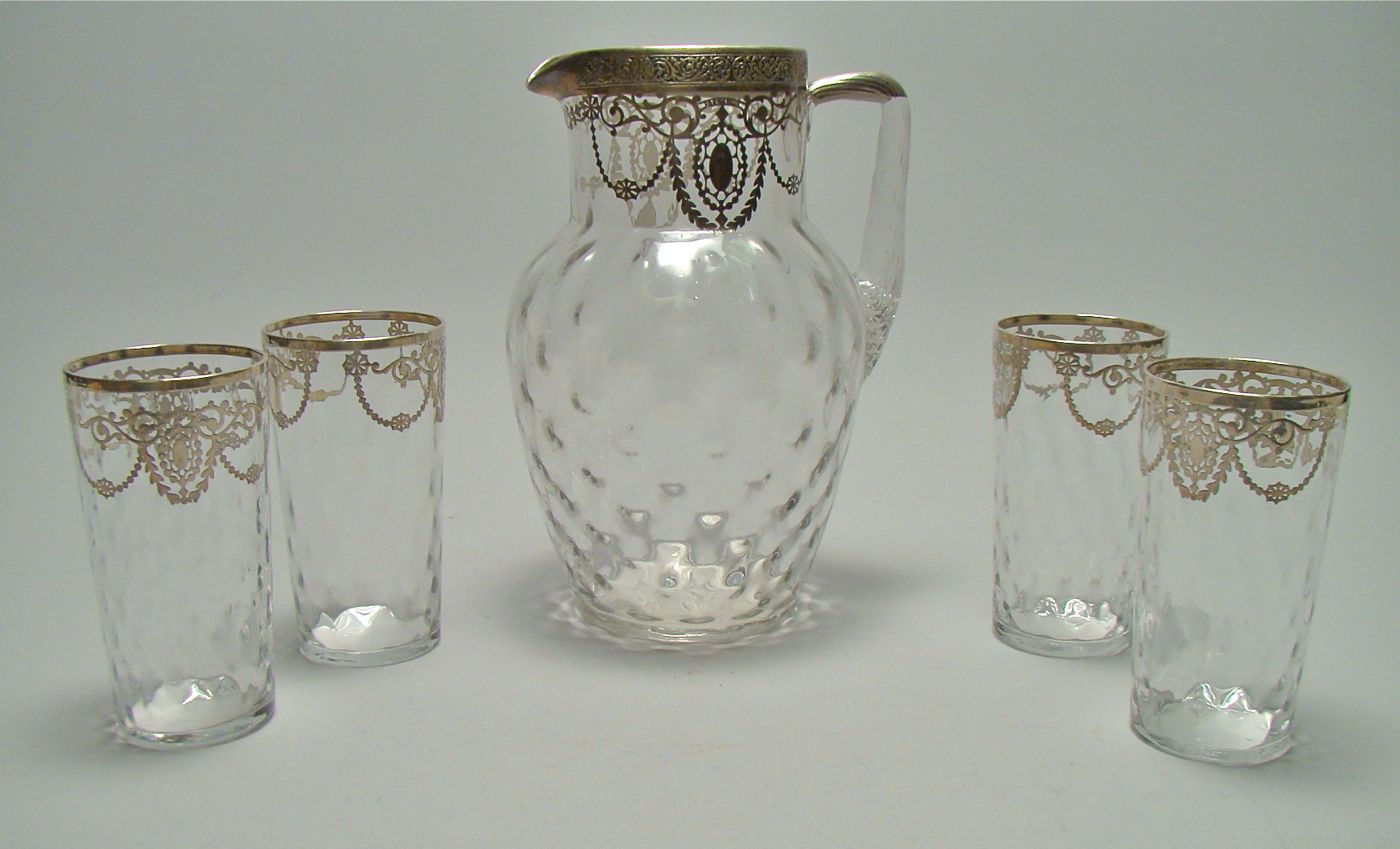 Appraisal: FIVE-PIECE STERLING SILVER OVERLAY GLASS LEMONADE SET In clear Hobnail