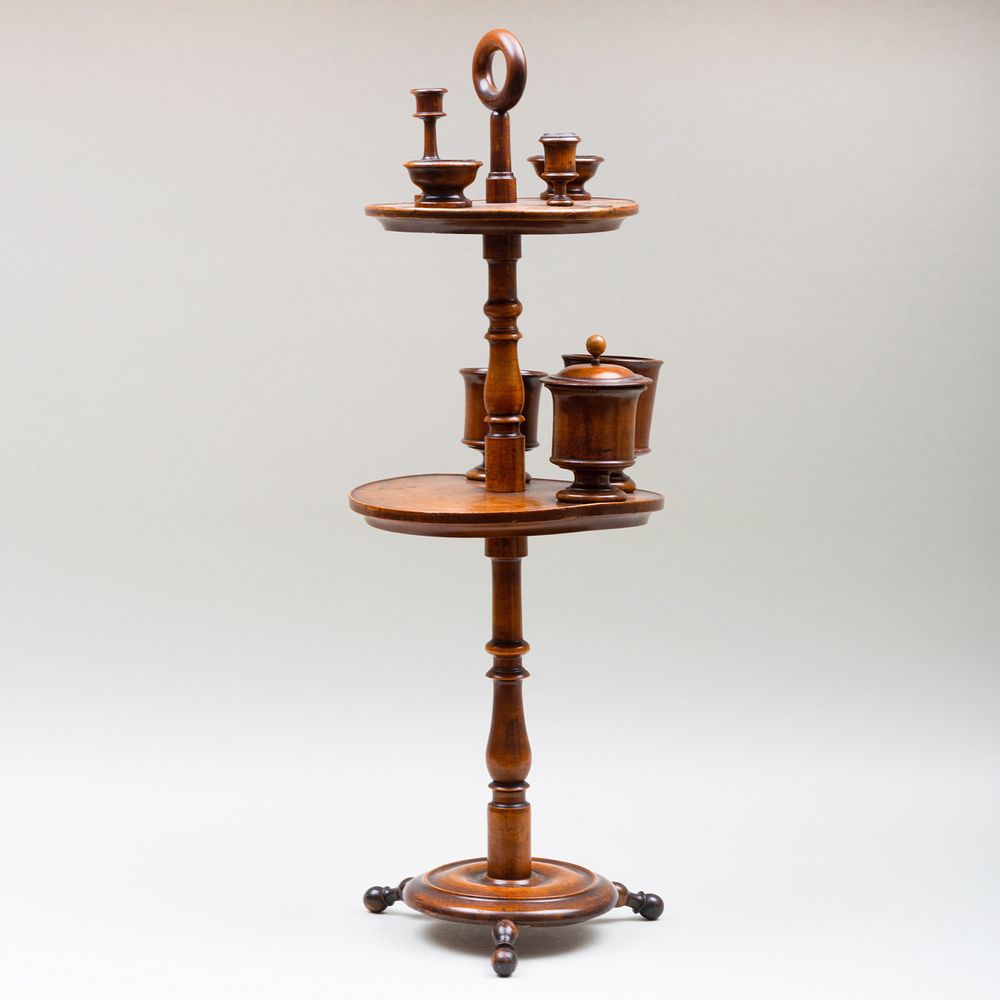 Appraisal: English Gentleman's Two-Tier Mahogany Smoking Stand Mounted with treen articles