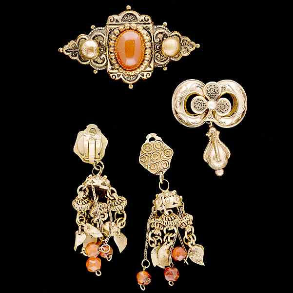 Appraisal: Art Deco Carneilian Earclips brooch and enamel brooch A grouping