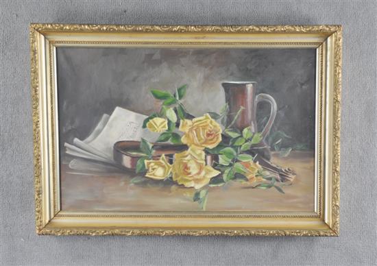 Appraisal: Oil on Canvas Table Still Life Late th Century Arrangement