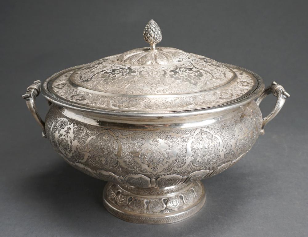 Appraisal: Persian Armenian Style Chased -Silver Two-Handled Tureen Possibly Tabriz H