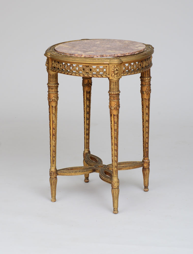 Appraisal: LOUIS XVI STYLE GILTWOOD SIDE TABLE With an inset breehe