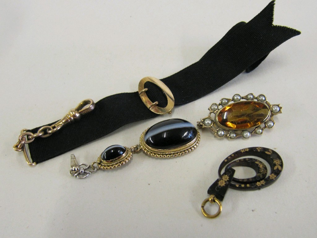 Appraisal: Lot comprising agate pendant ribbon fob citrine and seed pearl