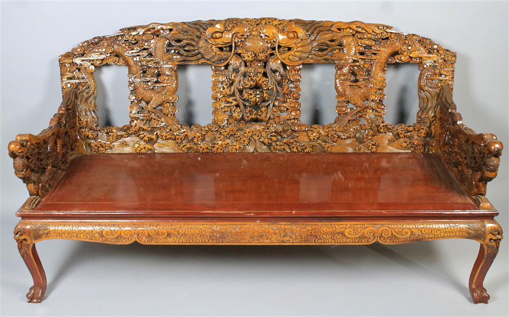 Appraisal: CHINESE CARVED SETTEE AND CHAIRS EN SUITE TH C settee