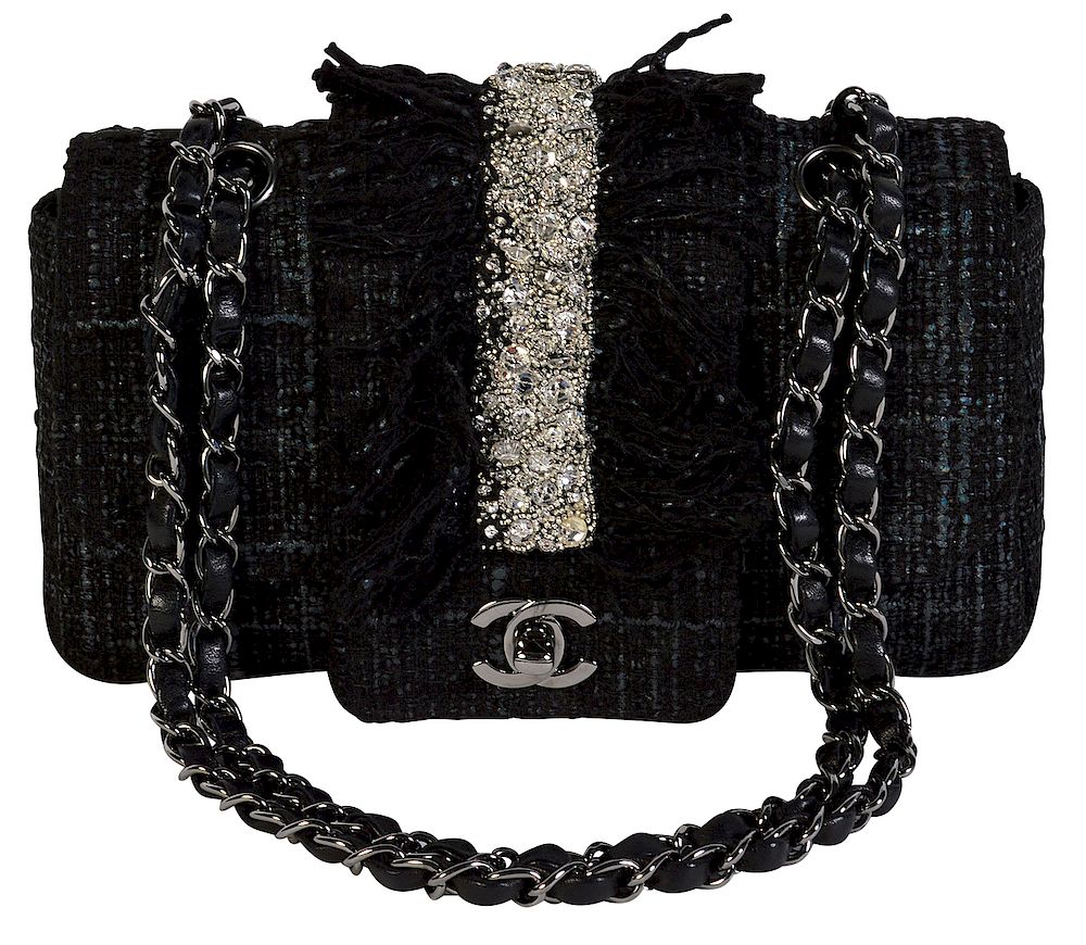 Appraisal: Black Tweed CHANEL Flap Shoulder Bag with Fringe Chanel black