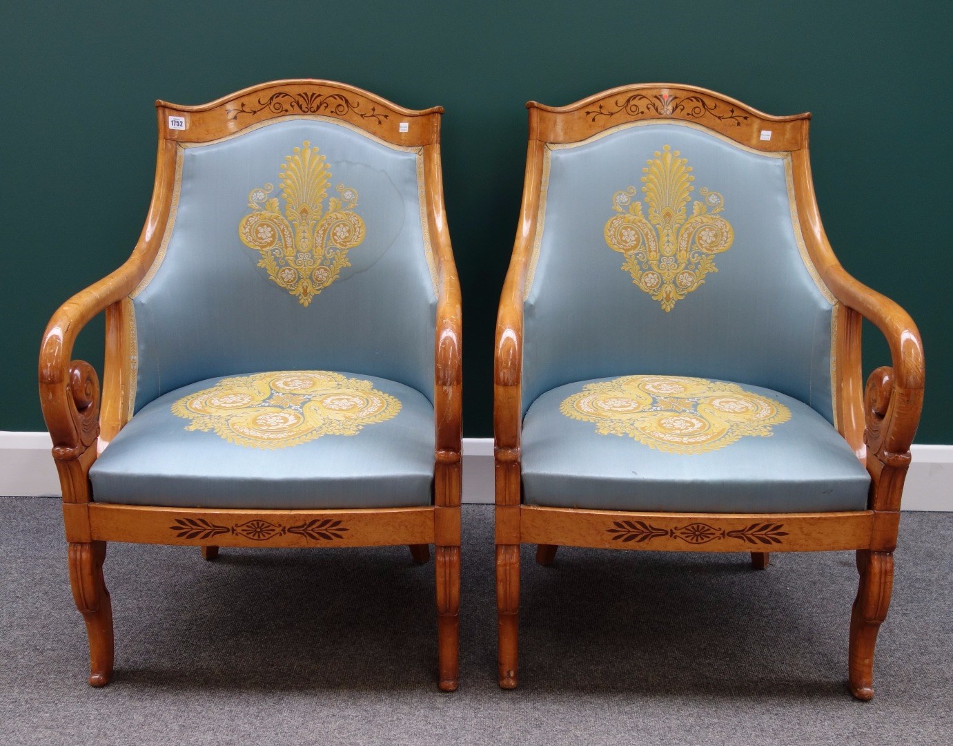 Appraisal: A set of four Biedermeier design inlaid maple tub back