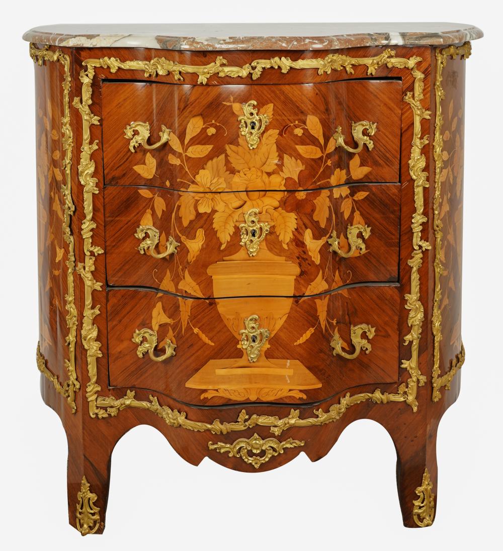 Appraisal: LOUIS XV STYLE MARQUETRY COMMODEwith marble top over three drawers