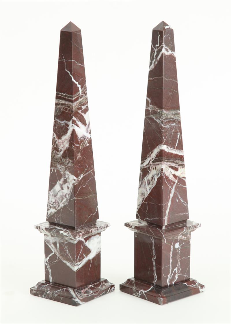 Appraisal: PAIR OF NEOCLASSICAL VEINED VIOLETTE AND BLACK MARBLE OBELISKS x