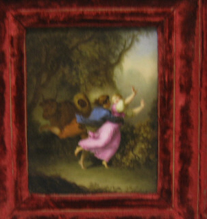 Appraisal: ANTIQUE CONTINENTAL PAINTED PORCELAIN PLAQUE Depicting a shepherd abducting young