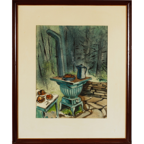 Appraisal: George Jo Mess - outdoor scene with cook stovewatercolor on