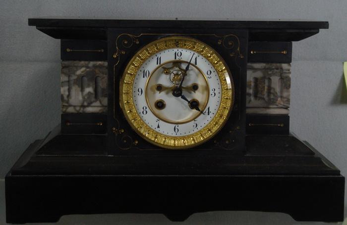 Appraisal: L Marti Cie black marble mantle clock gray marble band