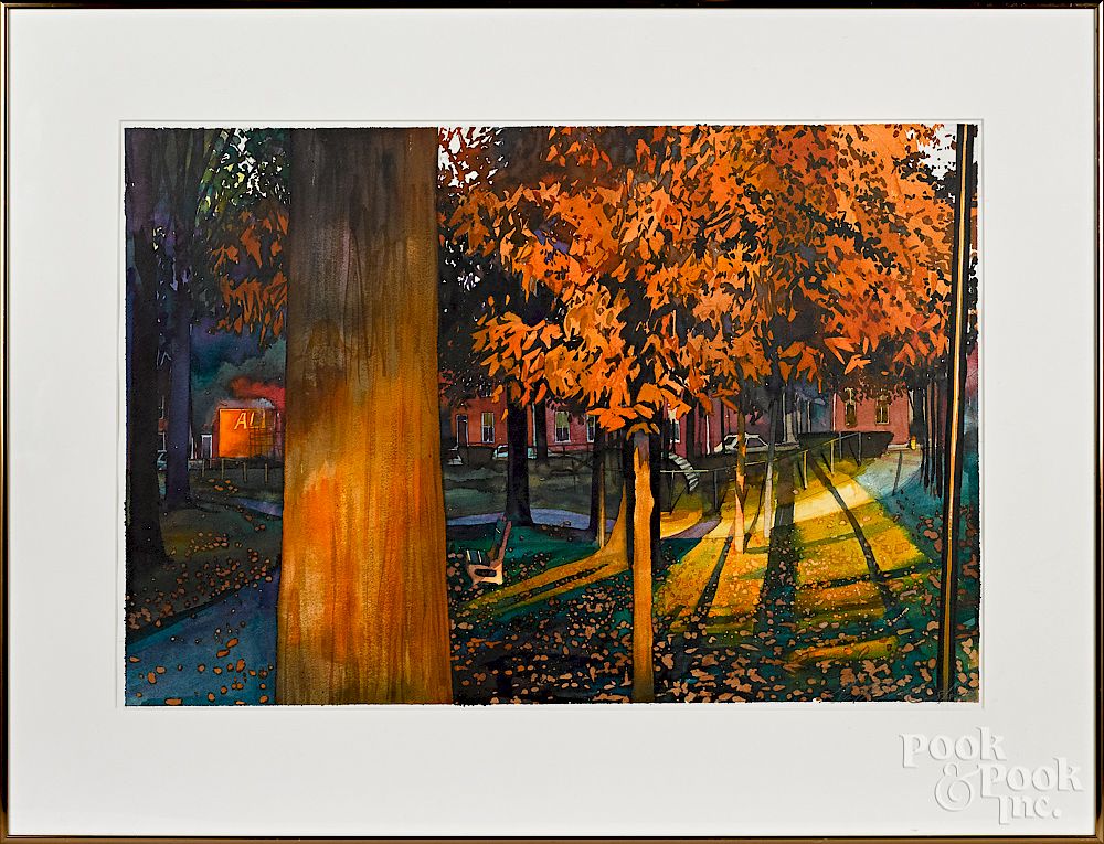 Appraisal: David Brumbach watercolor park scene David Brumbach American - watercolor