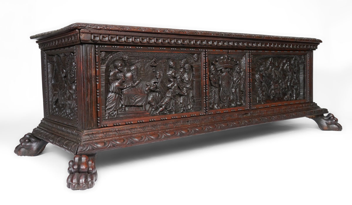 Appraisal: TH CENTURY CARVED ITALIAN COFFER Single board top with carved