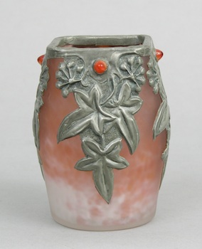 Appraisal: A French Glass Vase with Pewter Overlay An Art Nouveau