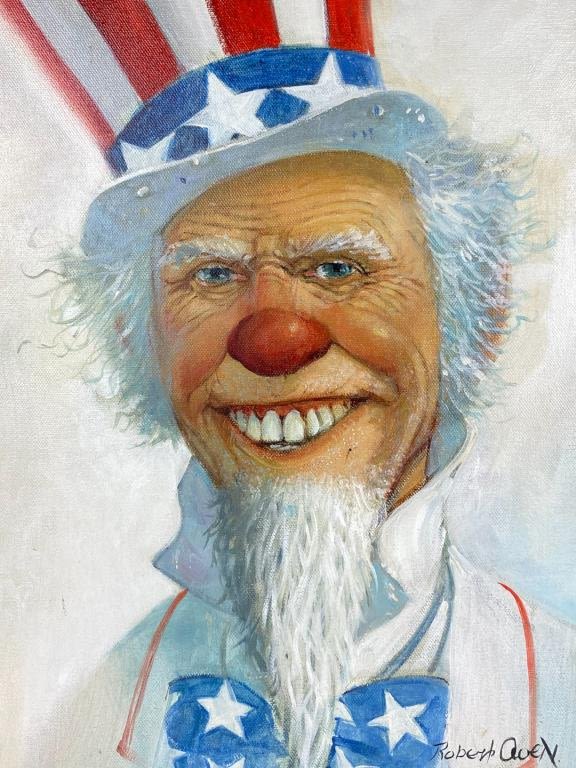 Appraisal: Robert Owen Oil On Canvas Painting Clown Uncle SamFrame x