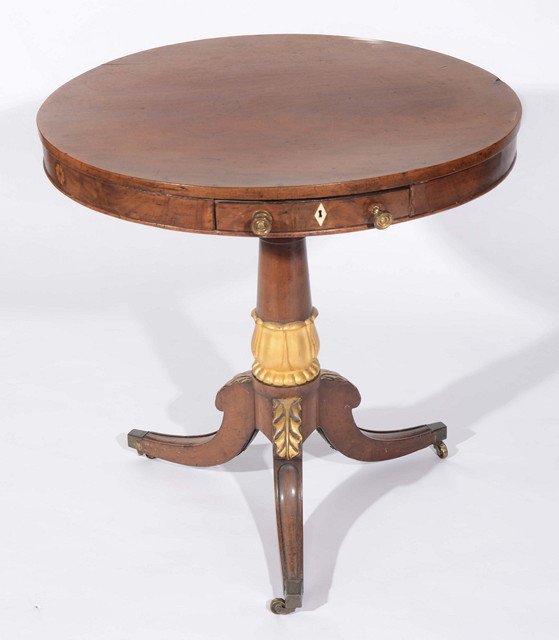 Appraisal: A GEORGE III MAHOGANY CIRCULAR DRUM TABLE fitted two drawers