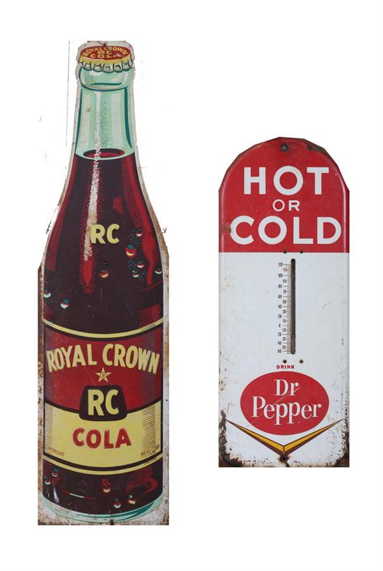 Appraisal: FIVE VINTAGE SODA POP ADVERTISING SIGNS AND THERMOMETERS Including embossed