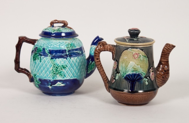 Appraisal: Two English majolica teapots late th century teapot with oriental