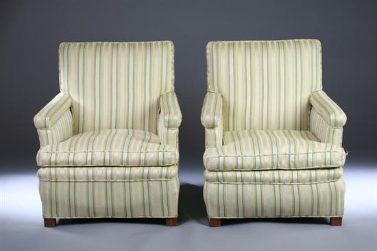 Appraisal: PAIR ALL-UPHOLSTERED SQUARE-BACK LOUNGE CHAIRS Cream green and yellow striped