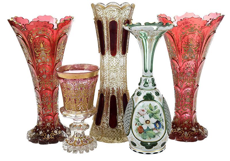 Appraisal: Five Enamel and Gilt Bohemian Glass Vases Continental late th